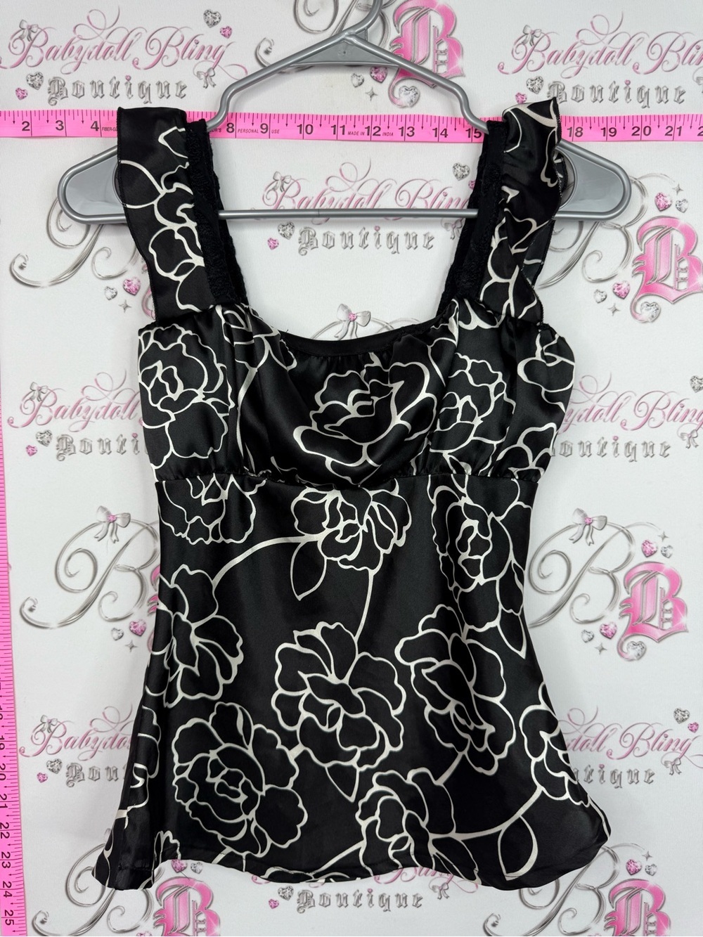 Sirens top tank Black Floral Satin Tank Top with White Outline Flowers milkmaid